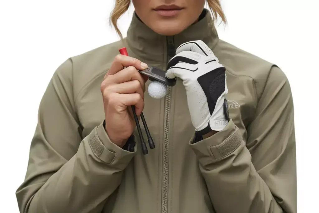 Gore tex golf jacket articulated sleeves adjustable cuffs pockets detail