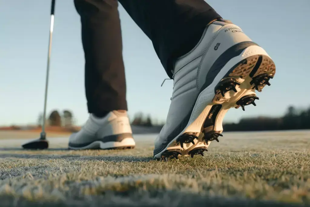 Waterproof insulated golf shoe aggressive tread removable spikes frosty grass