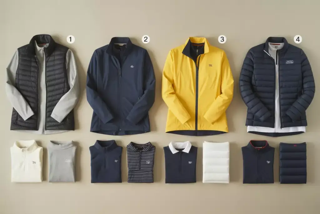 Four temperature based winter golf outfit layering flat lay display