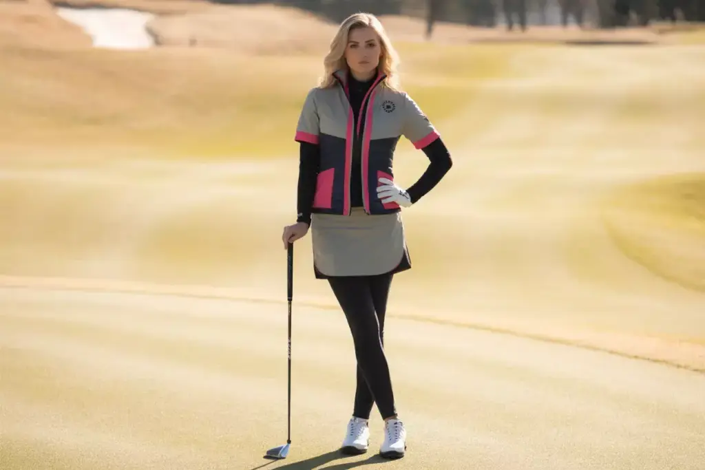 Stylish female golfer neutral outfit bright accent tailored layers portrait