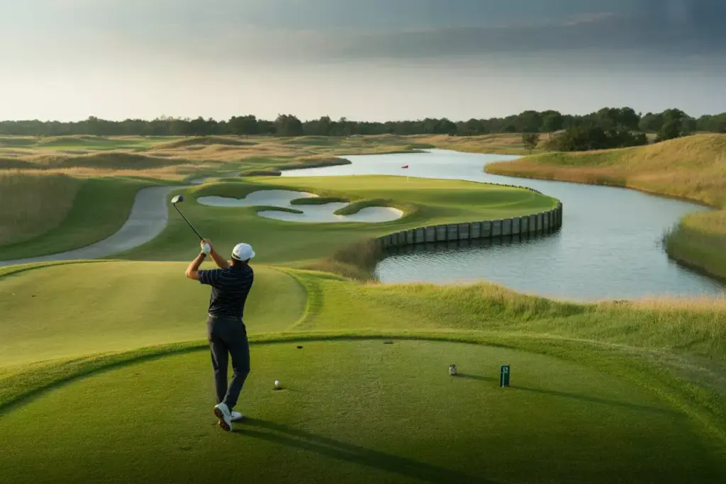 The Signature Hole Showcase Of A Golfer On The Tee Box Of An Iconic Course Hole With Dramatic Features