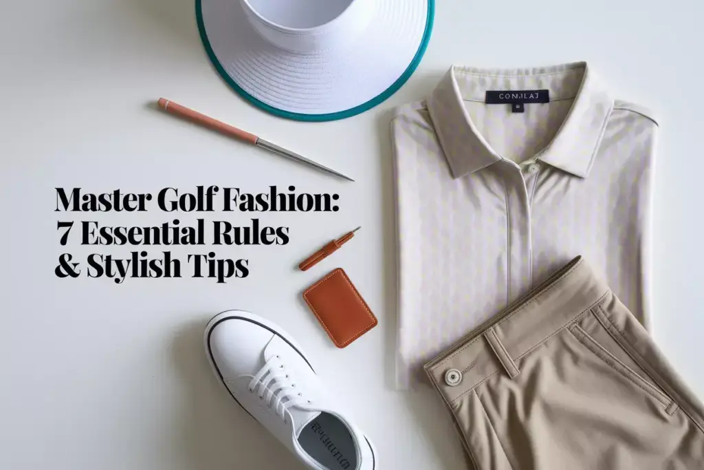 Modern womens golf attire flat lay with collar shorts shoes accessories