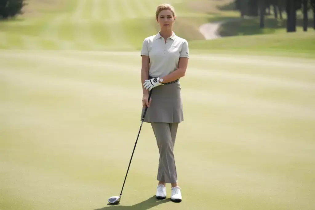 Woman in formal tournament attire on manicured golf course
