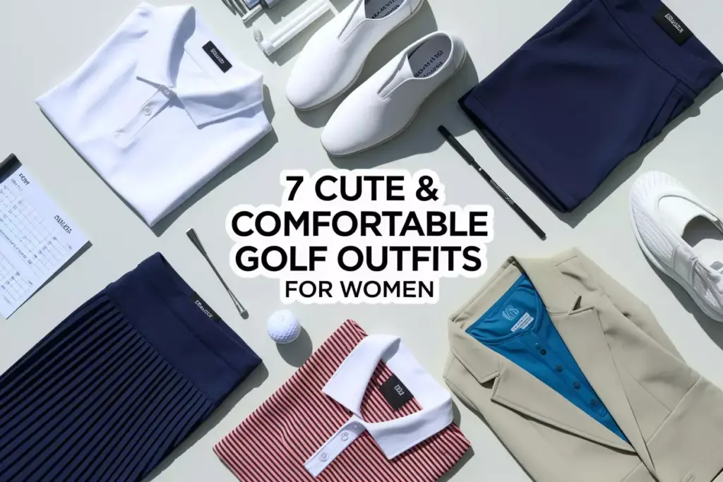 Seven stylish golf outfits flat lay on clean background with accessories