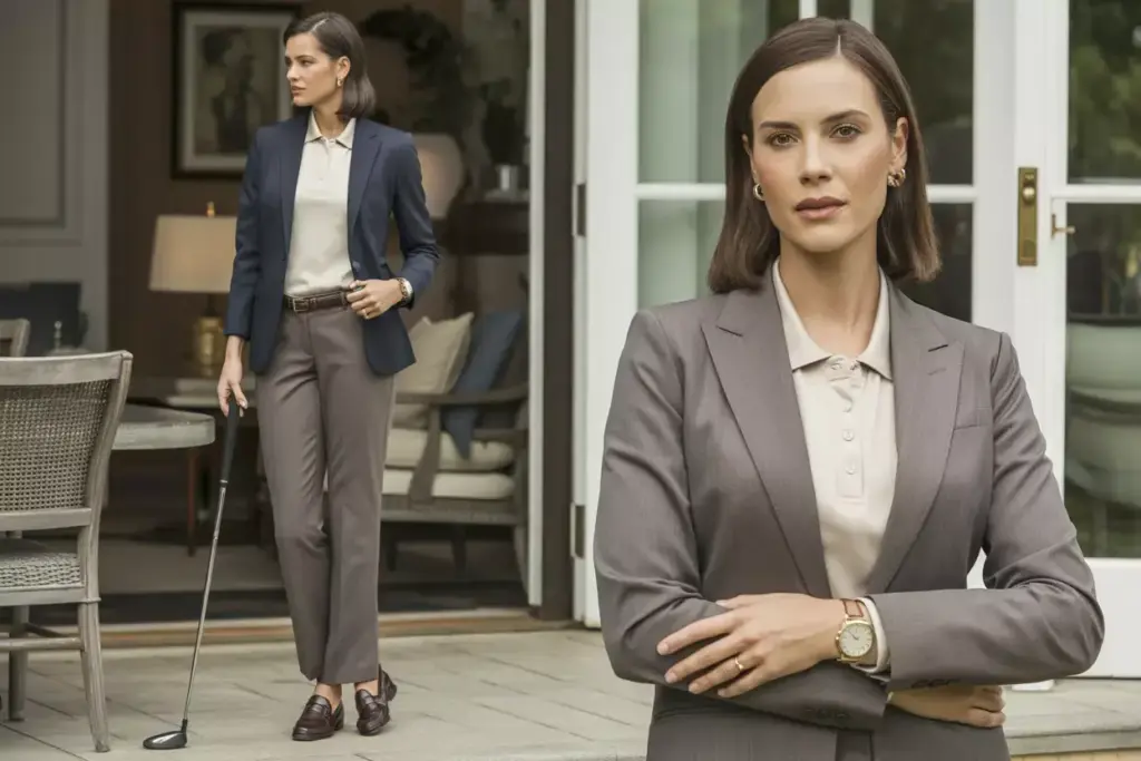 Sophisticated professional golf outfit woman blazer trousers clubhouse