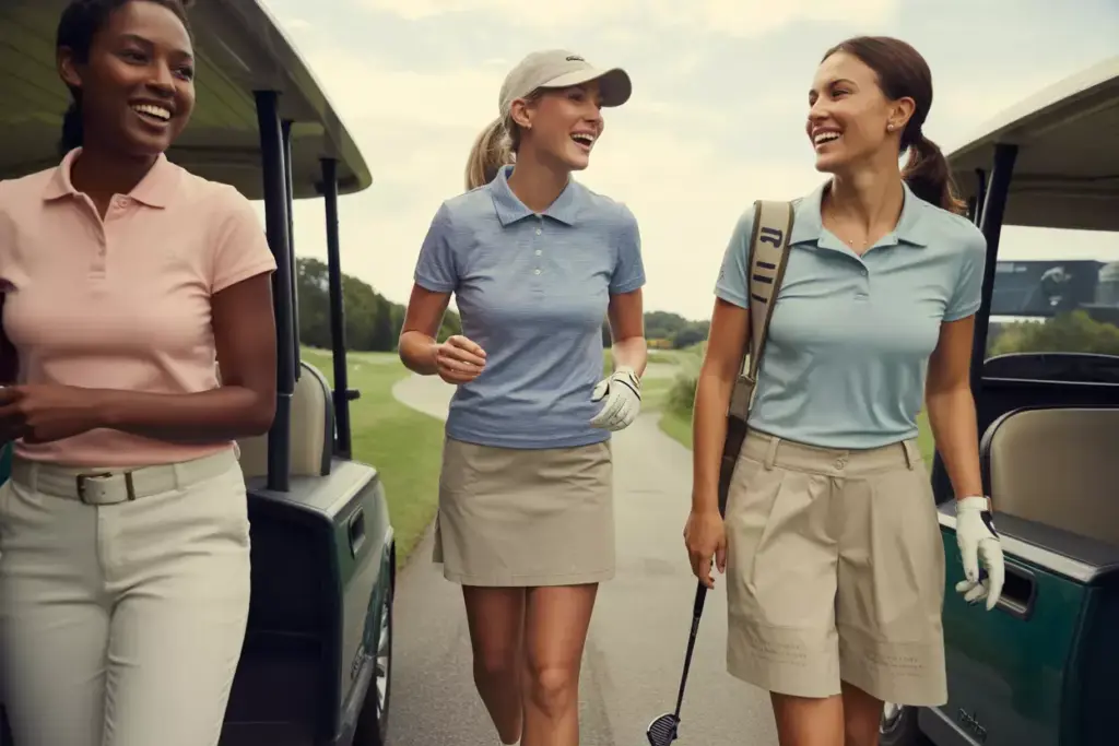 Casual weekend golf outfit woman comfortable polo shorts walking friends