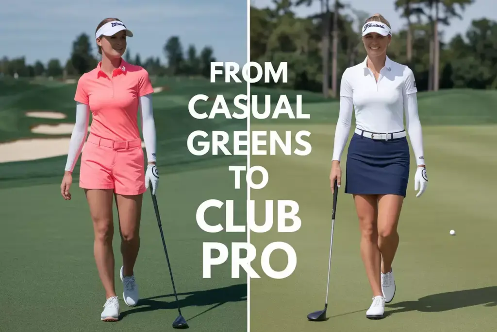 Woman transitioning from casual to professional golf outfits split screen