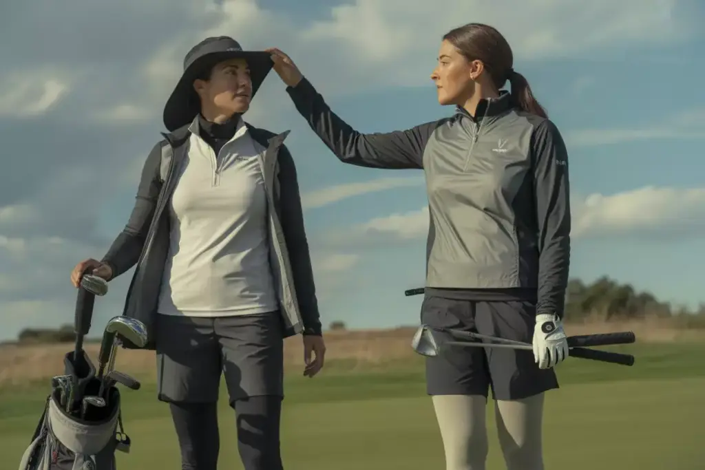 Woman in layered technical golf attire for changing weather