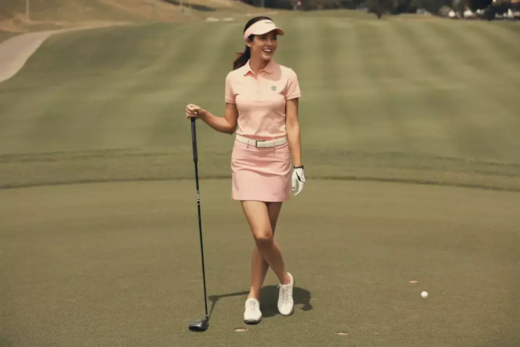 Smiling woman in affordable yet stylish complete golf ensemble