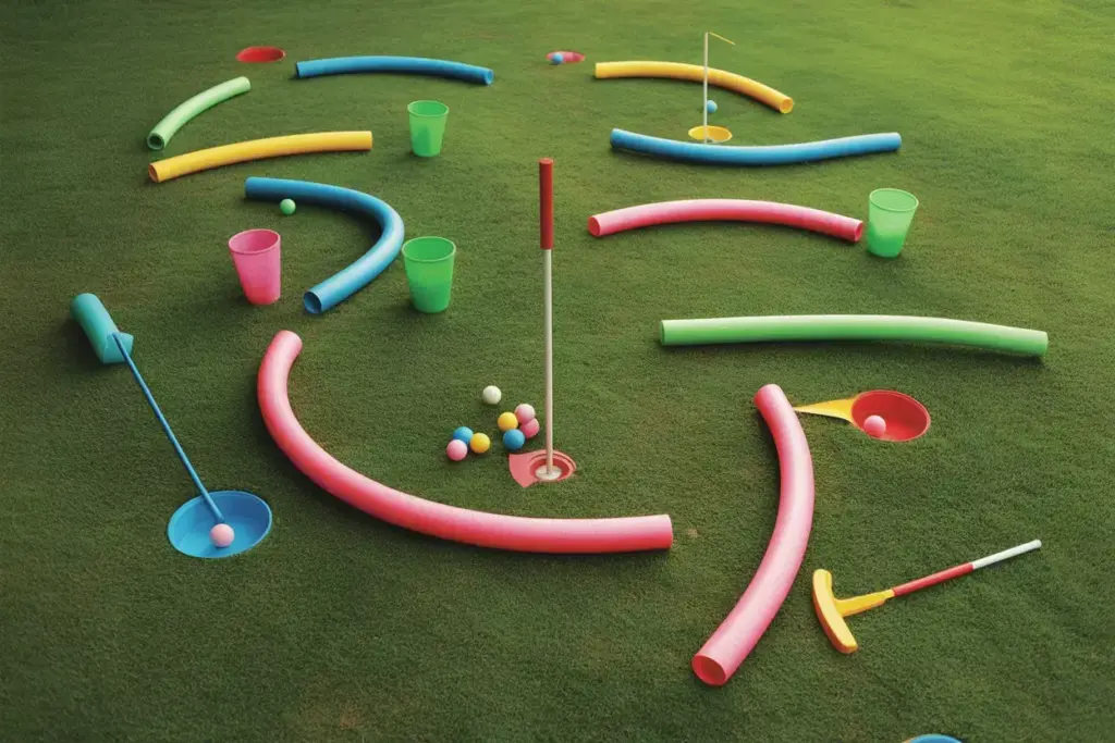 A Colorful Backyard Putting Course Made From Pool Noodles And Plastic Cups
