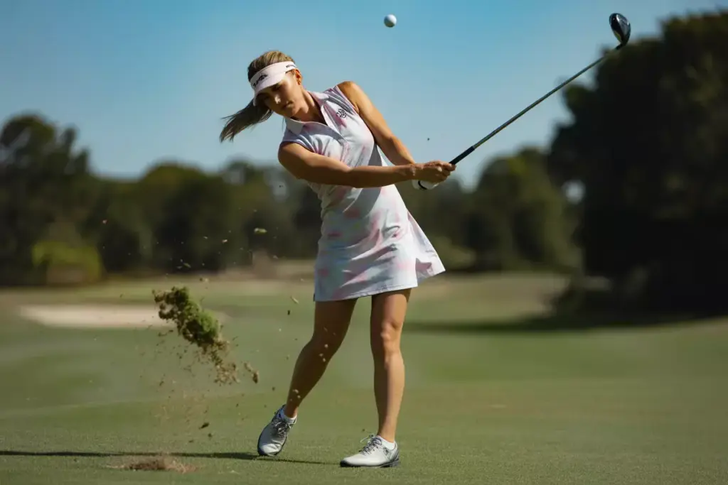 Athletic golf dress woman swinging mid action fairway