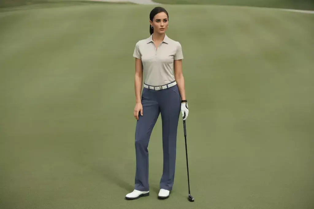 Professional woman golfer tailored pants blouse belt clubhouse