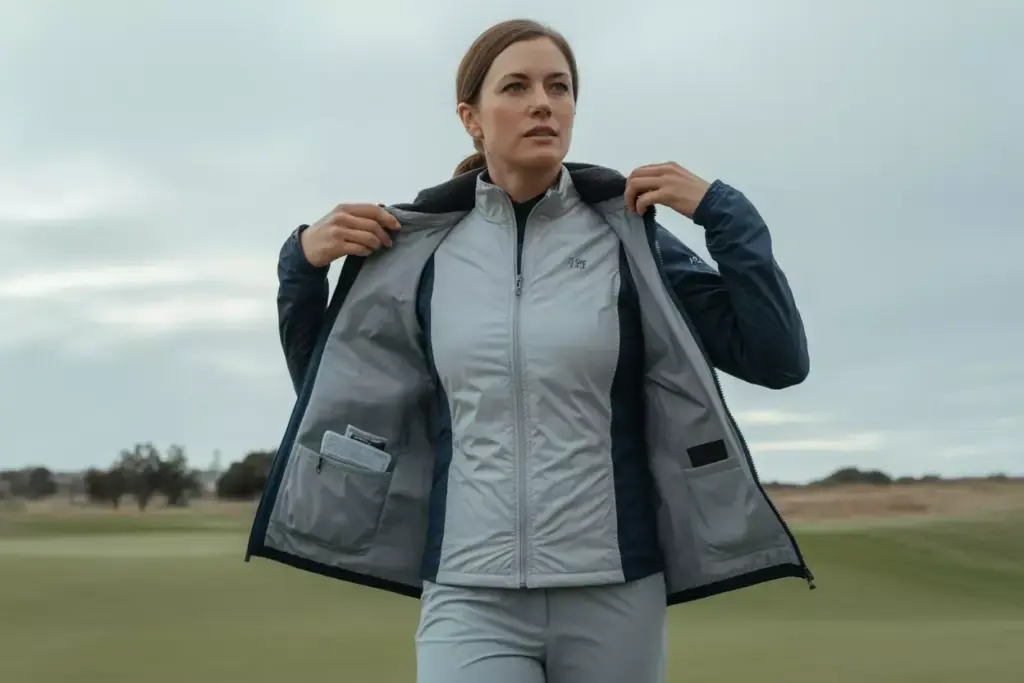 Golfer layered outfit vest jacket pants overcast weather