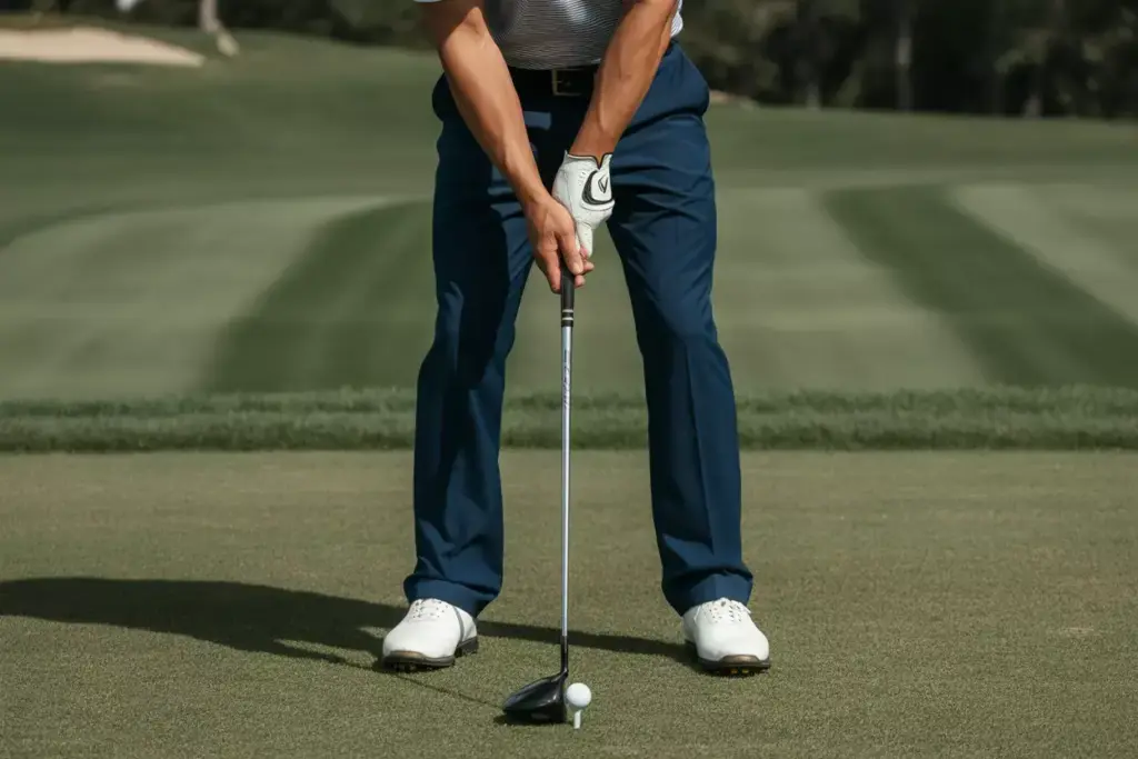 A Golfer In A Personal Relaxed Stance At Address Over A Golf Ball On The Tee