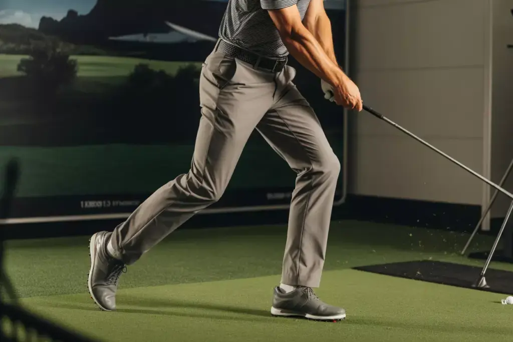 A Golfer Mid Swing On Indoor Turf Showcasing The Flexibility Of Modern Performance Golf Pants During Rotation