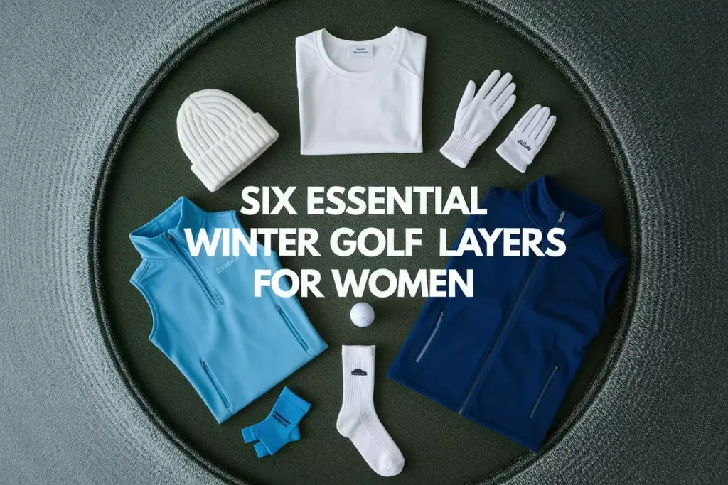 Womens winter golf wardrobe essentials flat lay on frosty green