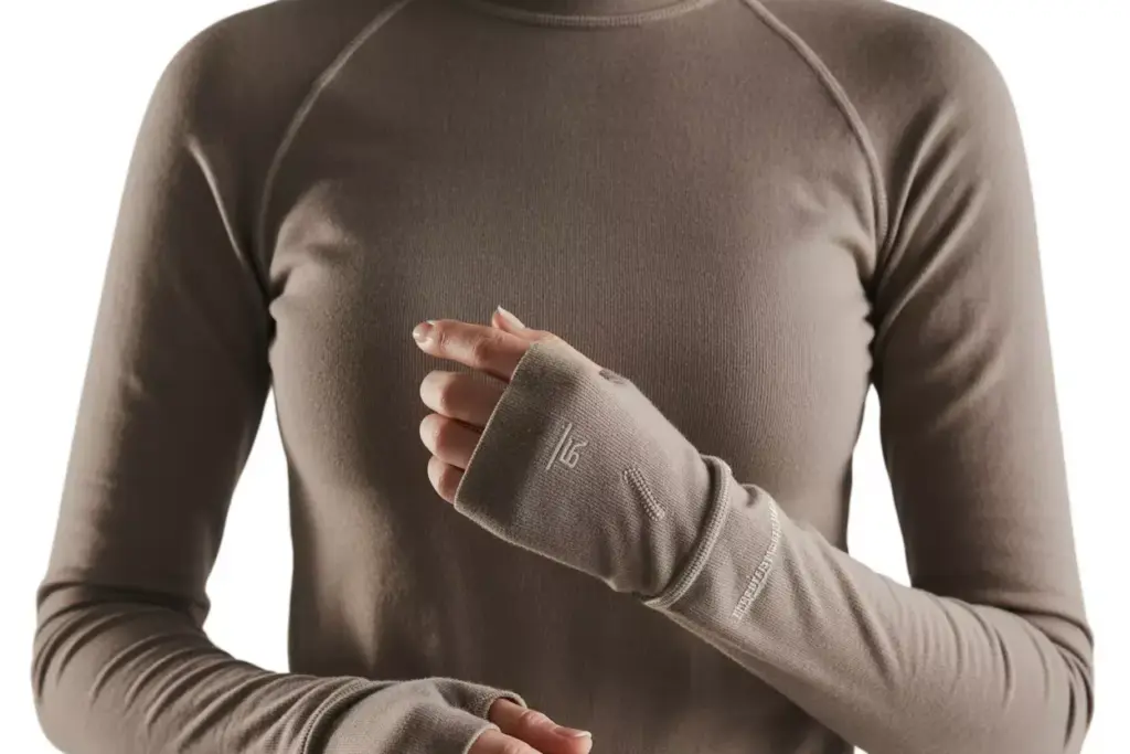 Thermal merino wool base layer with thumbholes and flatlock seams