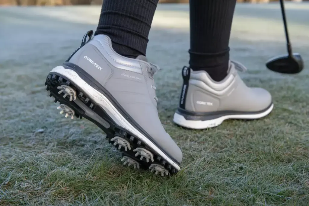 Waterproof insulated golf shoes on frosty grass traction sole