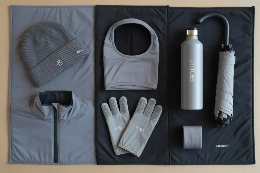 Flat lay of winter golf accessories hat gaiter hand warmers