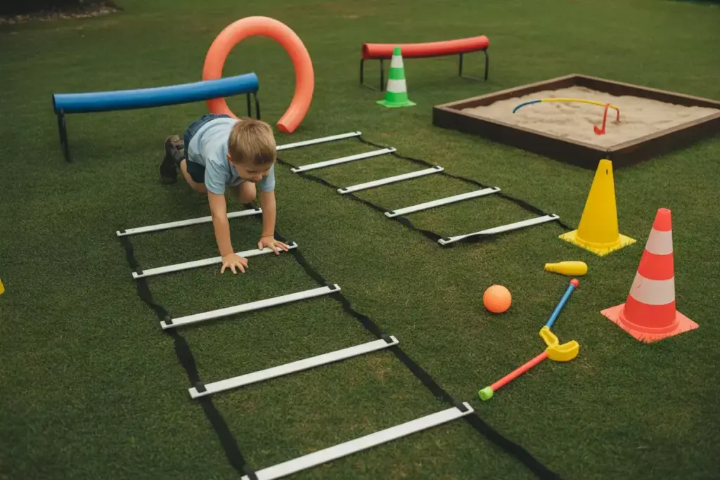 A Backyard Golf Obstacle Course With Crawling Weaving And Balancing Challenges