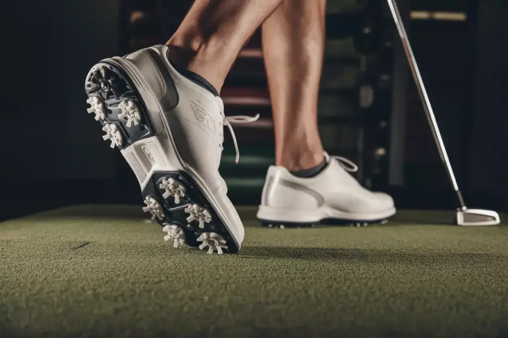 A Close Up Of Spikeless Golf Shoes With Non Marking Soles Planted Stably On Indoor Artificial Turf