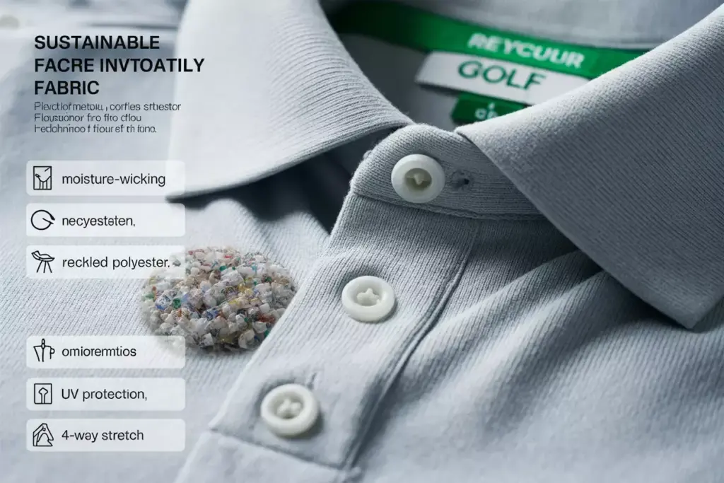 A Macro Detail Shot Of Sustainable Golf Fabric With Recycled Polyester And Technology Tags