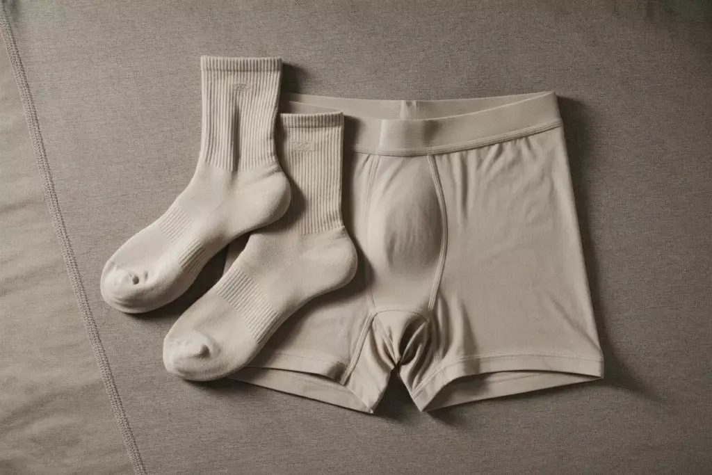 A Flat Lay Of Performance Athletic Socks And Moisture Wicking Boxer Briefs On A Neutral Background