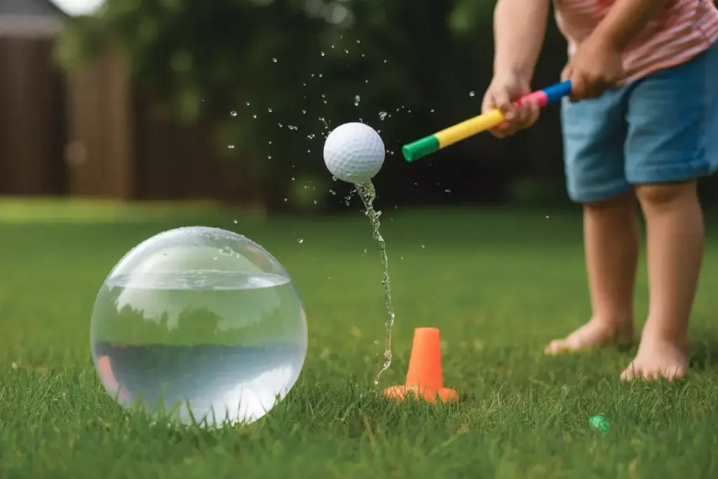 A Foam Golf Ball Approaching A Water Balloon Target On A Summer Day