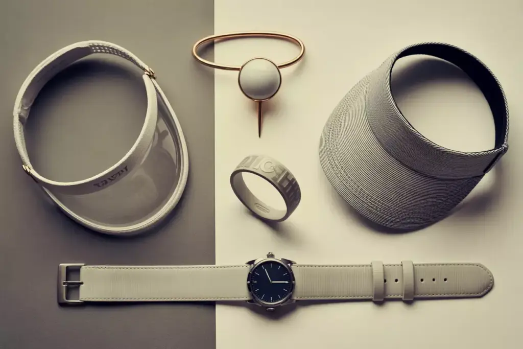 An Overhead Flat Lay Of Stylish Golf Accessories Including A Visor Belt And Jewelry