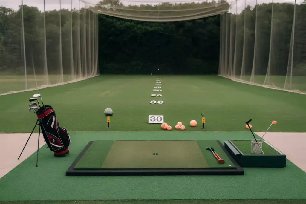A Backyard Mini Driving Range With Safety Net And Distance Markers