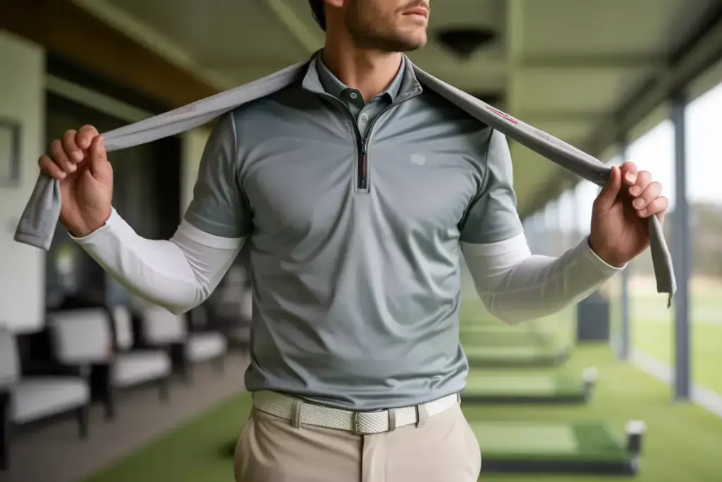 A Golfer In An Indoor Facility Wearing A Performance Polo With A Lightweight Quarter Zip Pullover Layer
