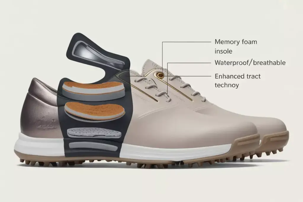 A Pair Of Spikeless Golf Shoes With A Cutaway Graphic Showing Memory Foam And Technology