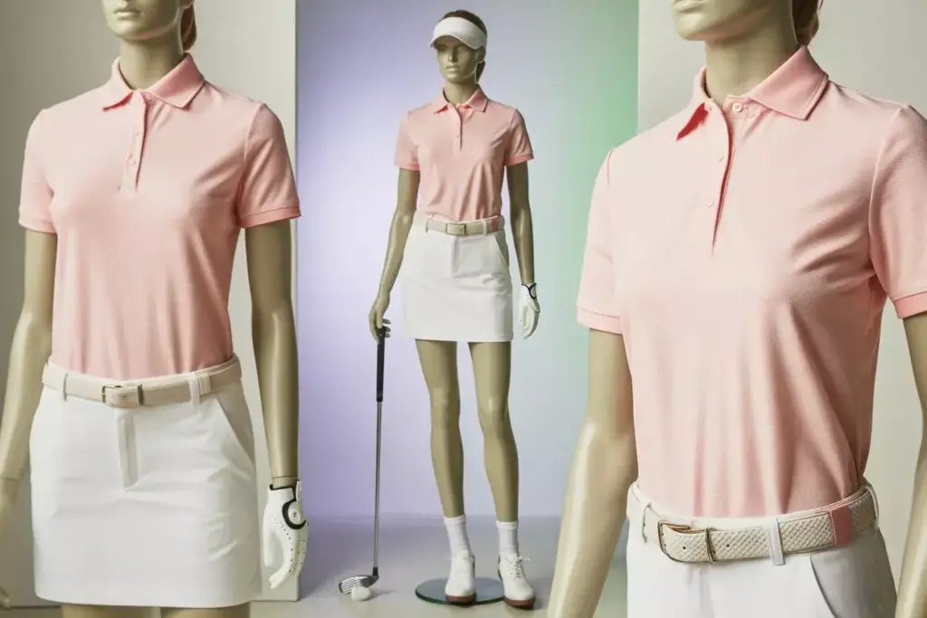 Wardrobe Styling Classic Golf Attire Pink Polo White Skort Shoes Mannequin