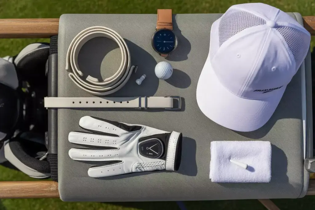 A Flat Lay Of Golf Accessories Including A Glove Hat Belt Sports Watch And Towel