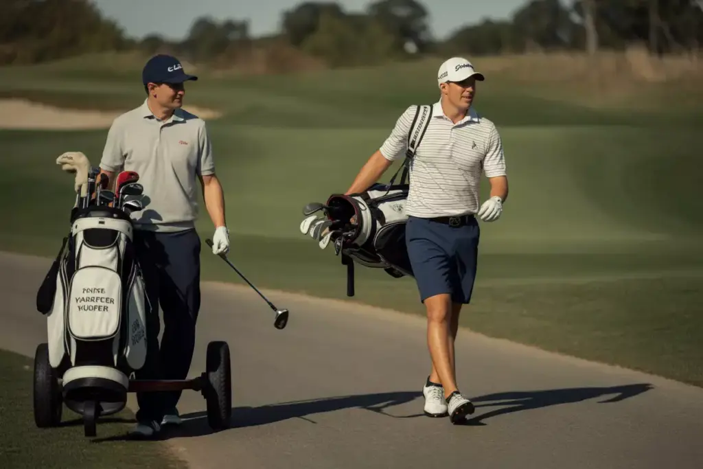 A Golfer Walking Casually With Bag And Talking To A Partner On A Cart Path