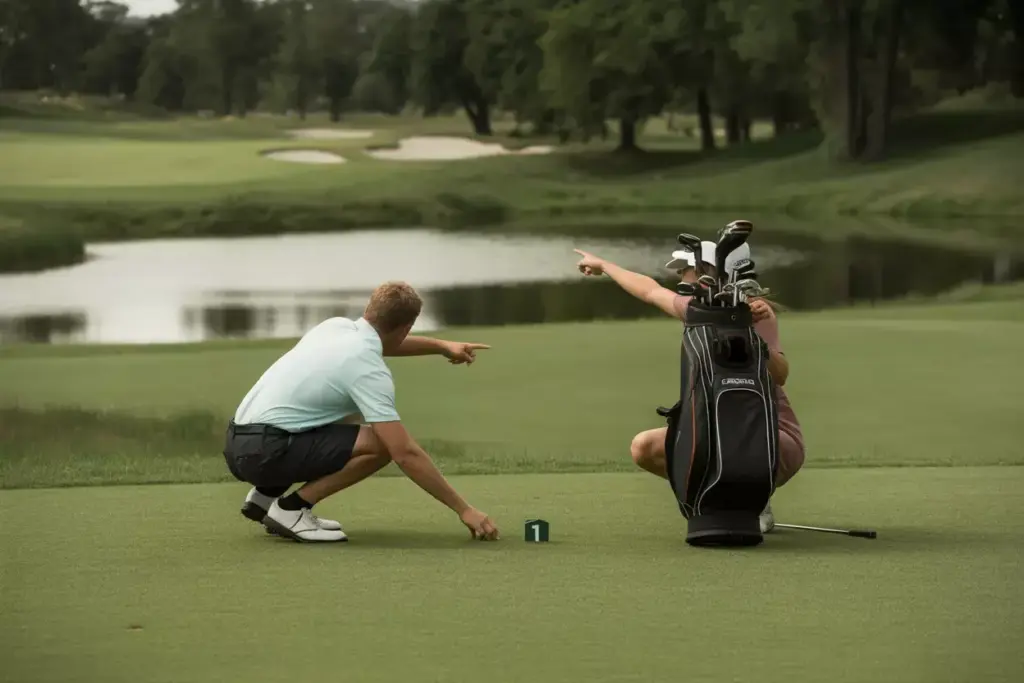 A Golfer Crouching To Read A Yardage Marker On The Fairway With Bag