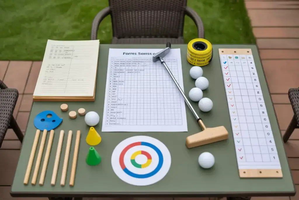Golf Progress Tracking Tools Scorecards Charts And Equipment On A Table