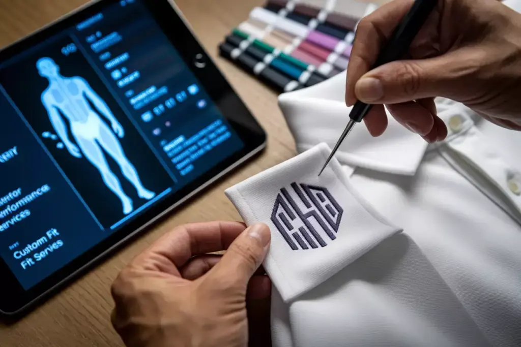 A Hand Embroidering A Monogram On A Polo With A Digital Body Scan Tablet Nearby