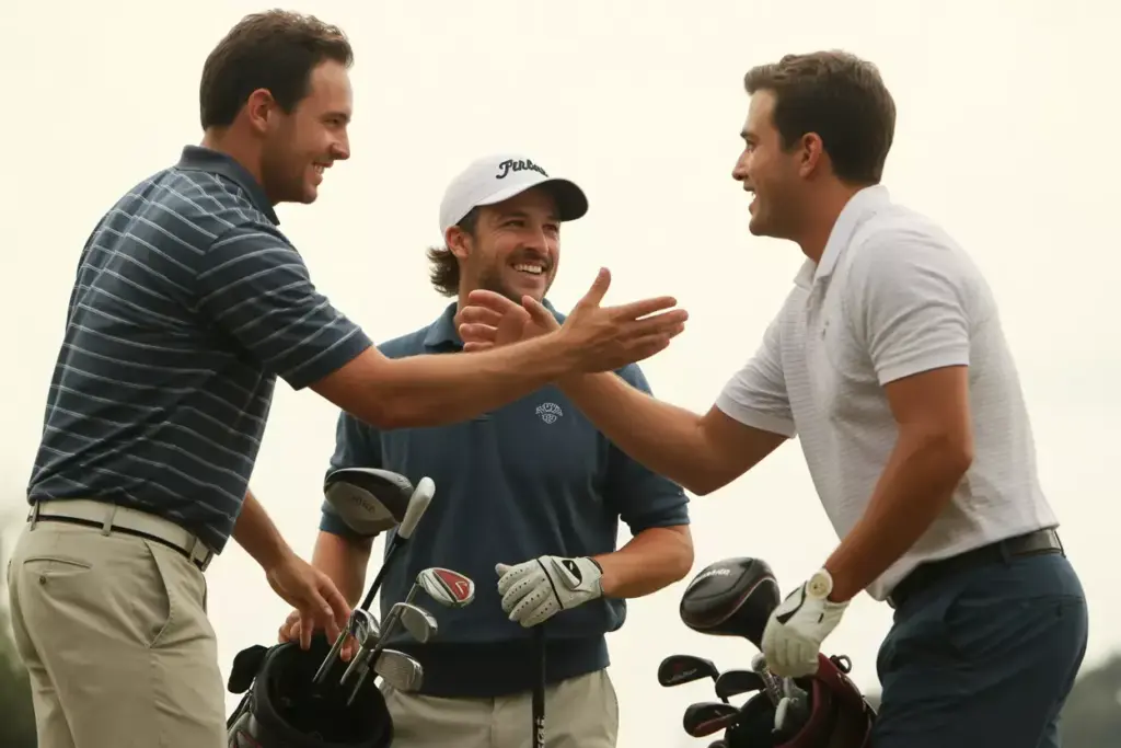 Two Golfers Sharing A Laugh And Discussing Strategy On The Fairway