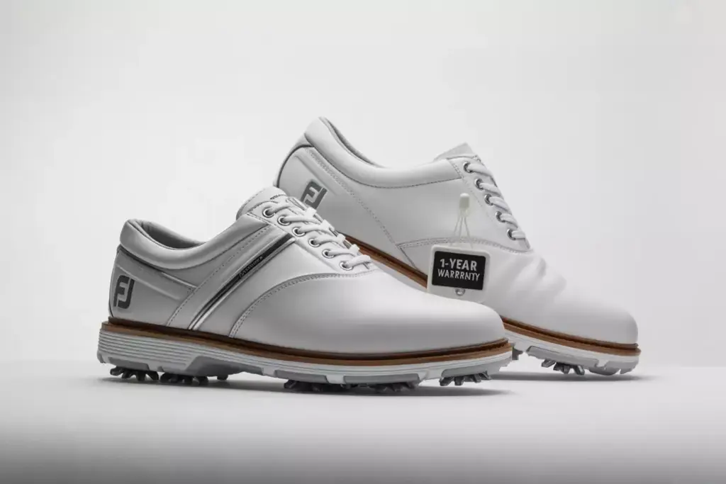 Footjoy Pro Sl Golf Shoe White Premium Leather Ftf Midsole Versatrax Outsole Studio Shot