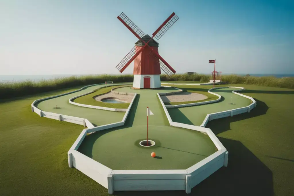 The Classic Windmill Wonder Mini Golf Hole In A Sunny Backyard With Artificial Turf And White Borders