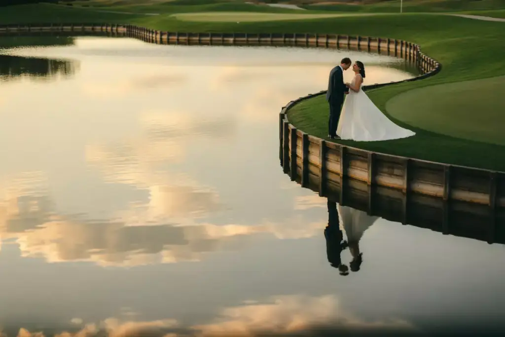 Intimate Couple Portrait By Golf Course Pond With Perfect Symmetrical Reflection In Golden Hour Light