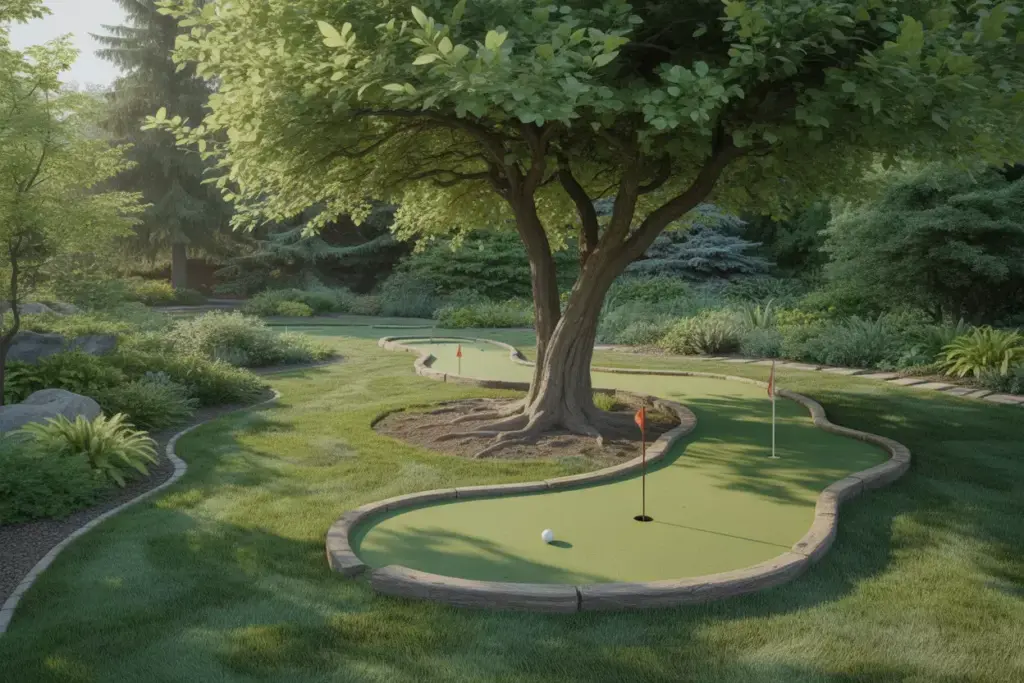 A Mini Golf Green Naturally Integrated Into A Garden Using A Tree As An Obstacle