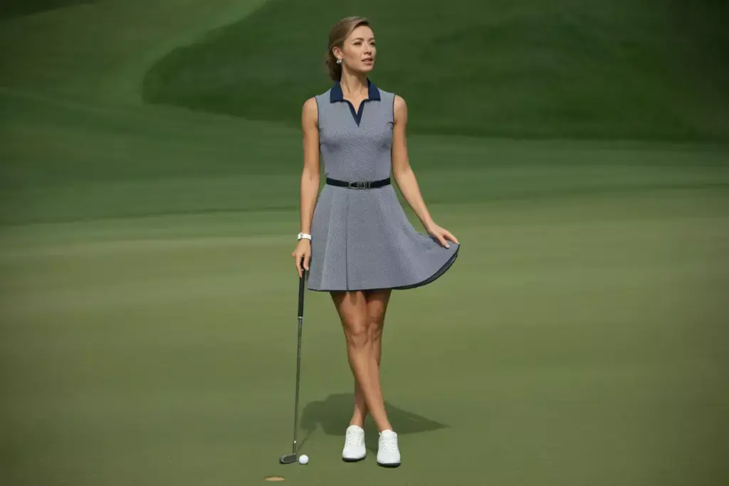 Sophisticated Golf Dress A Line Navy Solid Belt Accented Waist