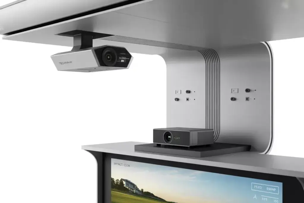 Technology Integration Seamless High Tech Solutions Detail Of Ceiling Mounted Launch Monitor And Hidden Wires Ultra Short Throw Projector