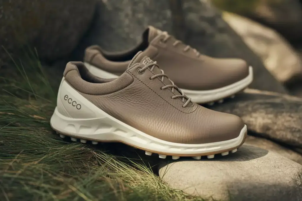 Ecco Biom Hybrid 3 Golf Shoe Yak Leather Natural Tone Close Up On Grass