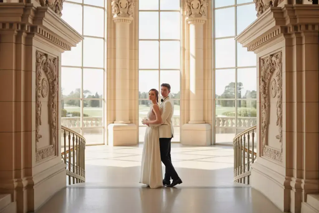 Formal Wedding Portrait Of Couple Framed By Grand Columns And Staircase Of Luxury Golf Clubhouse