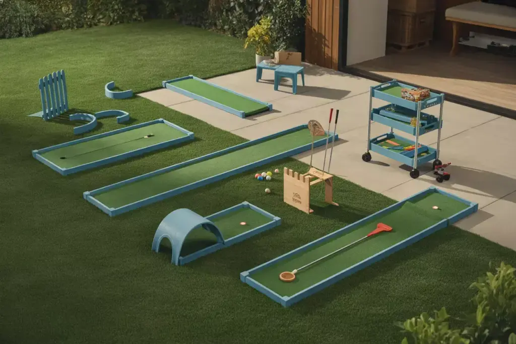 Modular Mini Golf Components Including Interlocking Turf And Removable Obstacles On A Patio