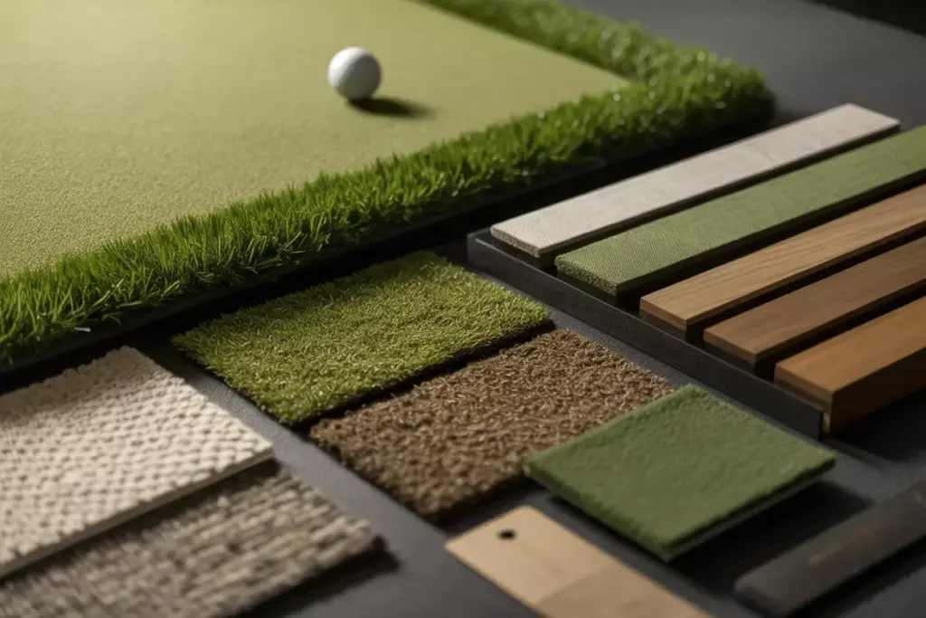 Surface Selection Premium Materials And Textures Close Up Of Artificial Turf Samples Acoustic Wall Panels And Putting Green Section
