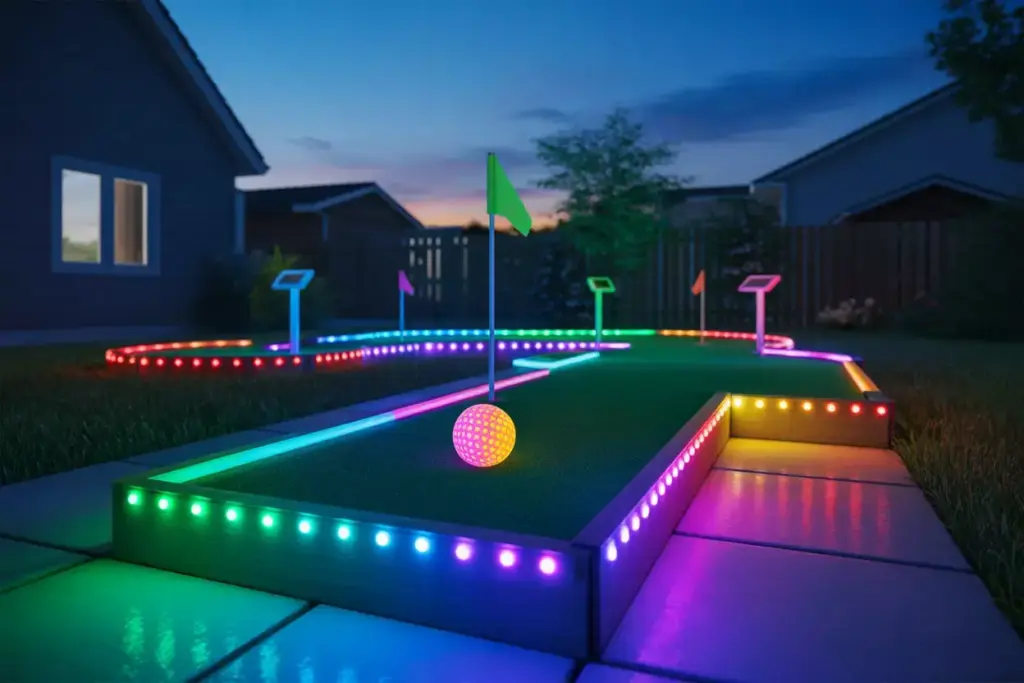 A Backyard Mini Golf Hole At Dusk Illuminated By Colorful Led Strip Lights And A Glowing Ball